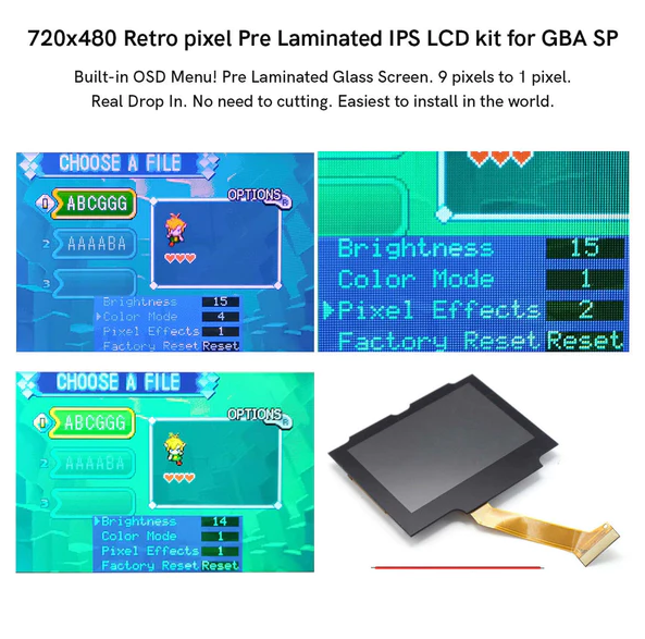 GameBoy Advance SP: 3.0 Inch Drop In 720*480 Laminated Display Kit